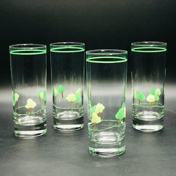 Vintage 80s Green Tree Hill Tom Collins Cocktail Highball Glass -Set of 4 - Picture 1 of 11